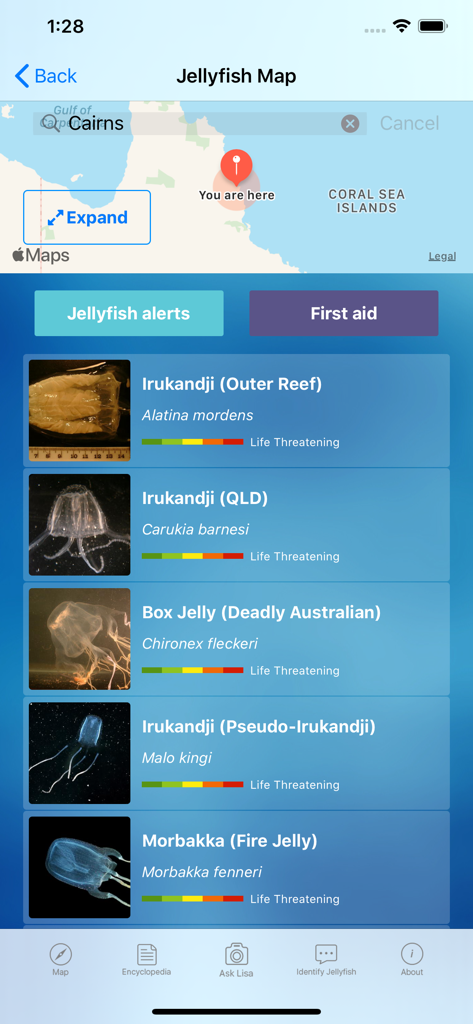 Interface showing an interactive jellyfish map and life threatening species alerts for a specific location
