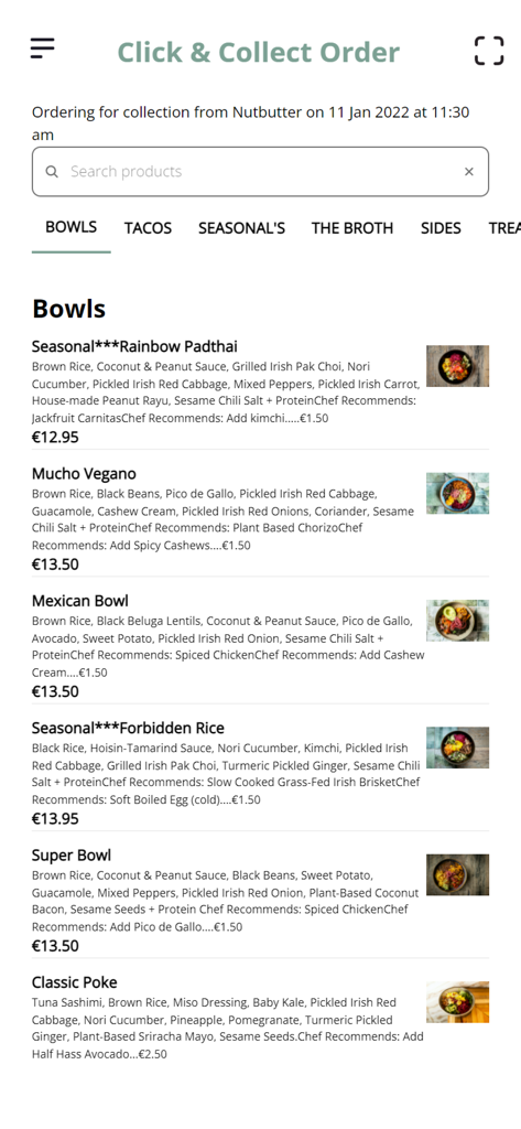 Nutbutter Dublin mobile app menu showing a variety of healthy bowls for click and collect ordering