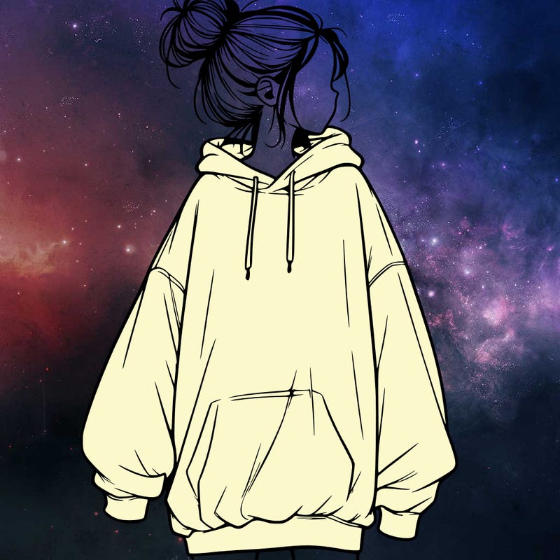 realistic girl with a oversized sweatshirt on and a bun