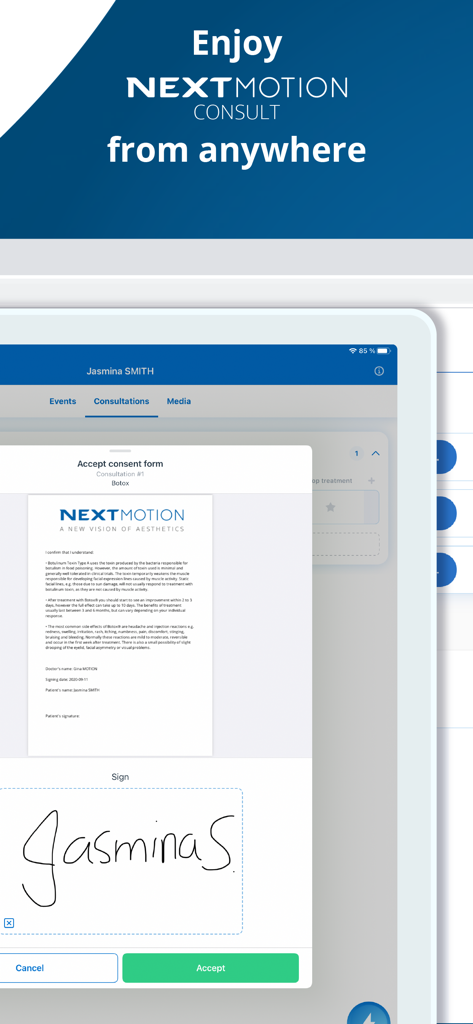 NM Capture app displaying a digital consent form with an electronic signature on an iPad