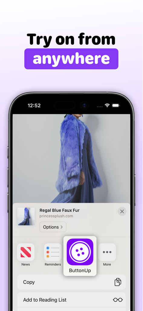 ButtonUp - iPhone share sheet showing the ButtonUp app option to virtually try on a blue faux fur coat.