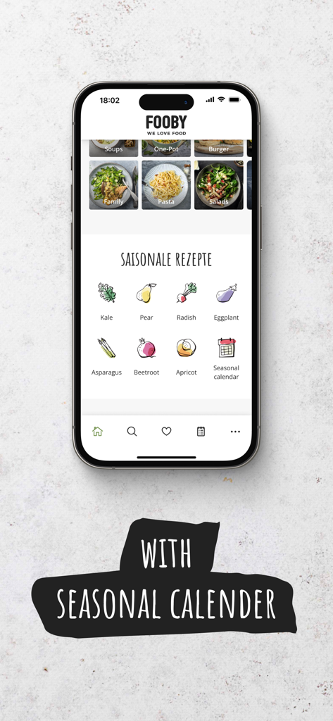 FOOBY: Recipes & More - FOOBY app screen showing seasonal recipe categories and a seasonal calendar with vegetable icons