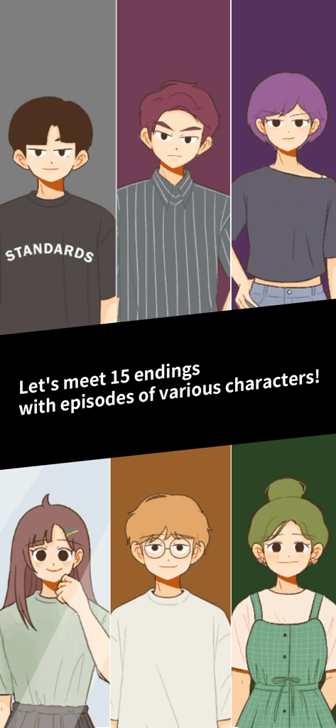 Vanished Anniversary - Una colección de diversos personajes estilo anime del juego de novela visual Vanished Anniversary con texto sobre múltiples finales.