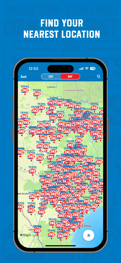 A mobile app screen showing a map of Texas populated with numerous Texas Dairy Queen restaurant locations