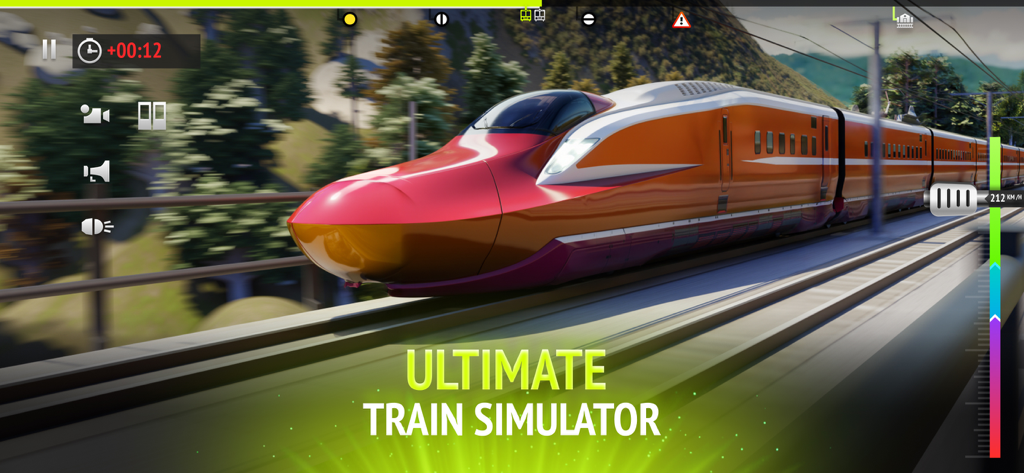 Orange high speed train driving on tracks through a scenic landscape in a 3D simulator game