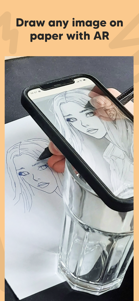 A smartphone using augmented reality to project a portrait for tracing on paper
