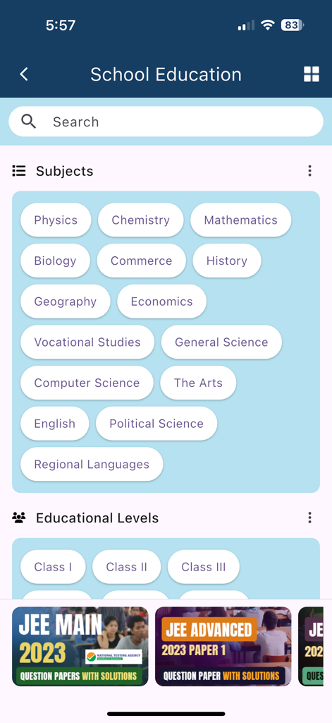 National Digital Library India - Bildschirm der National Digital Library India App mit Schulfächern wie Physik und Mathematik mit Filtern für das Bildungsniveau