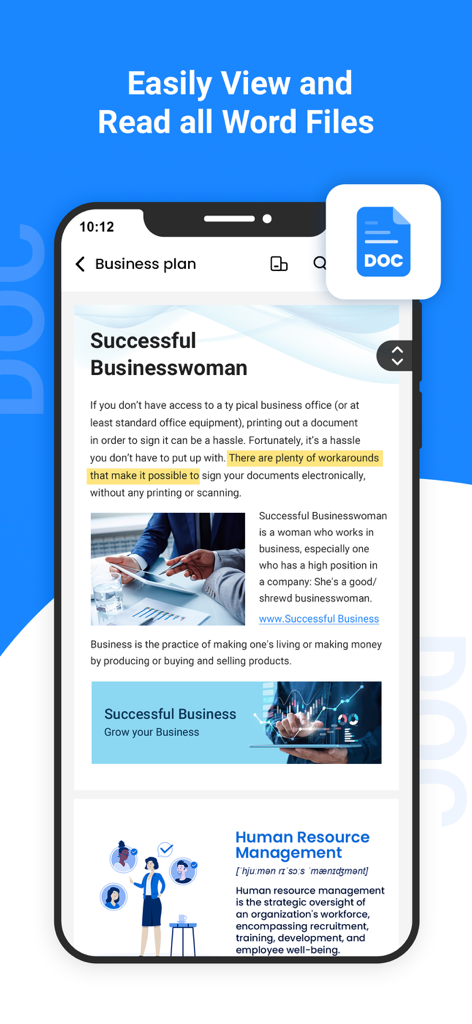 PDF Reader - Read PDF Files - A smartphone displaying a Word document within the PDF Reader app