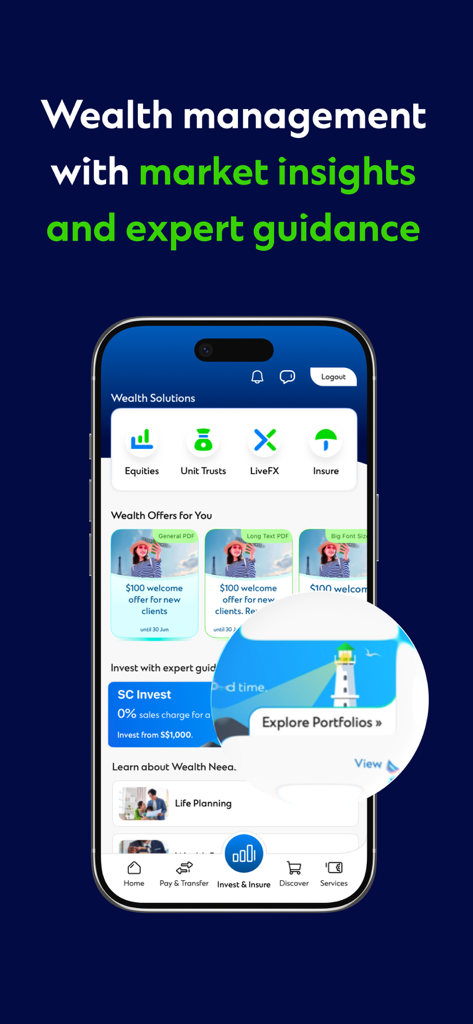 SC Mobile Singapore app interface showing wealth management and investment features