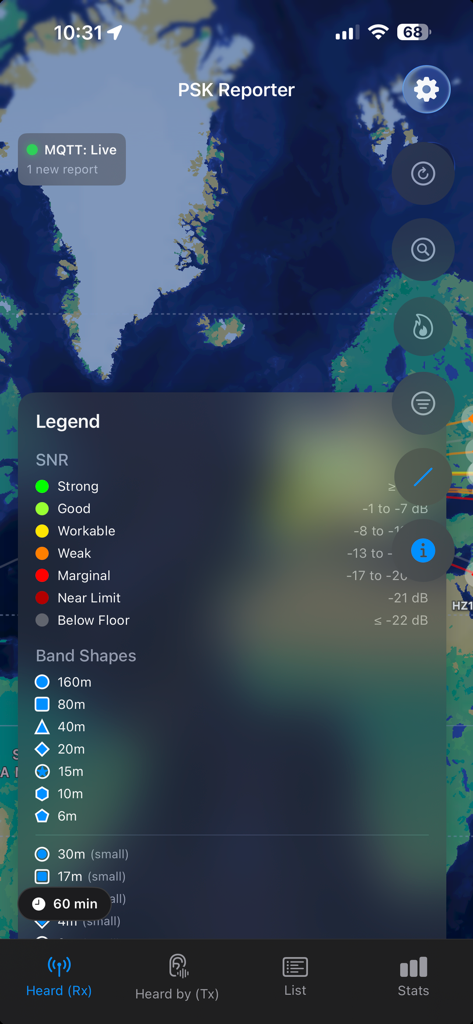PSKReporter Client - PSKReporter Client app legend showing signal to noise ratio and radio band shapes