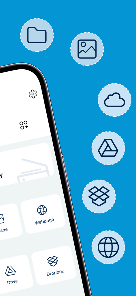 Die Oberfläche der Smart-Printer-App zeigt verschiedene Cloud-Speicher-Integrationsoptionen wie Google Drive und Dropbox für einfachen Dokumentendruck.