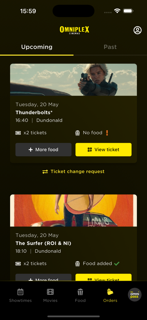 Mobile screen showing upcoming movie ticket bookings and pre-ordered snacks for films like Thunderbolts and The Surfer.