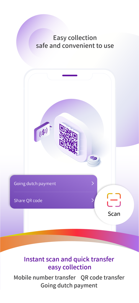 Well Link Bank mobile app interface showing QR code scanning for instant transfers and split bill payments