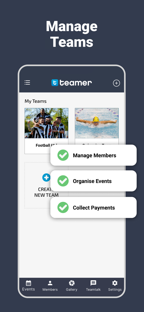 Teamer - Sports Team App - Dashboard der Teamer Sportteam-App, das Funktionen zur Verwaltung von Mitgliedern, Organisation von Veranstaltungen und zum Einzug von Zahlungen anzeigt