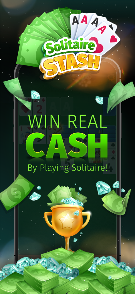 Solitaire Stash: Win Real Cash - 현금 당첨 헤드라인과 함께 달러 지폐와 다이아몬드로 둘러싸인 금 트로피를 보여주는 솔리테어 스태시 홍보 그래픽.