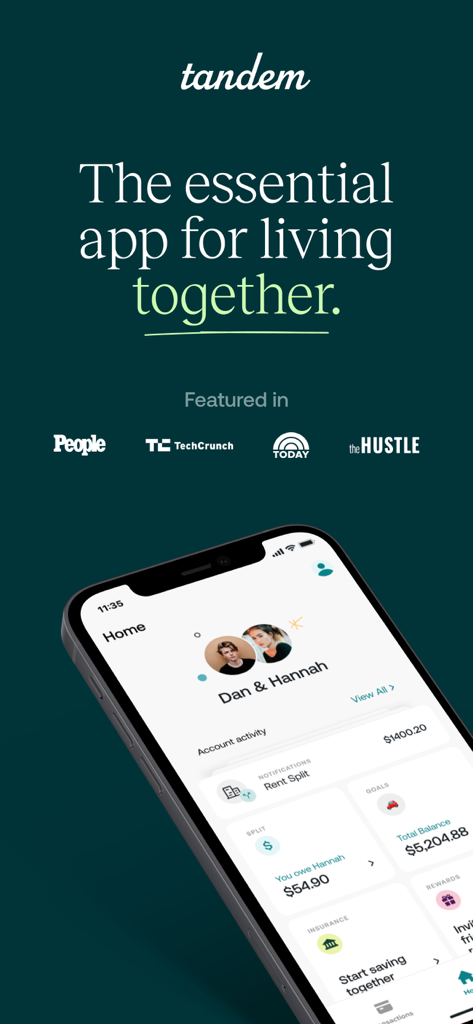 Tandem - Living Together - A preview of the Tandem app home screen showing shared household expenses and joint financial management for a couple.