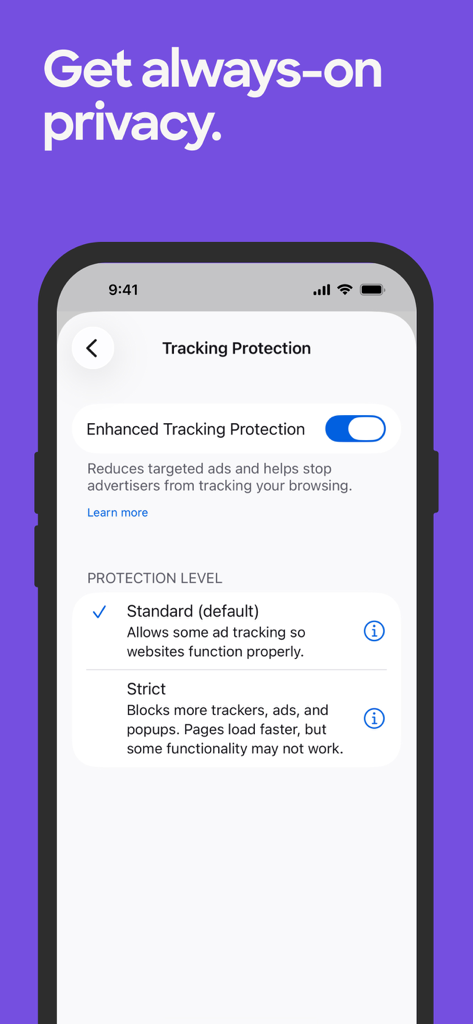 A smartphone screen displaying the Firefox mobile app tracking protection settings with options for standard and strict privacy modes.
