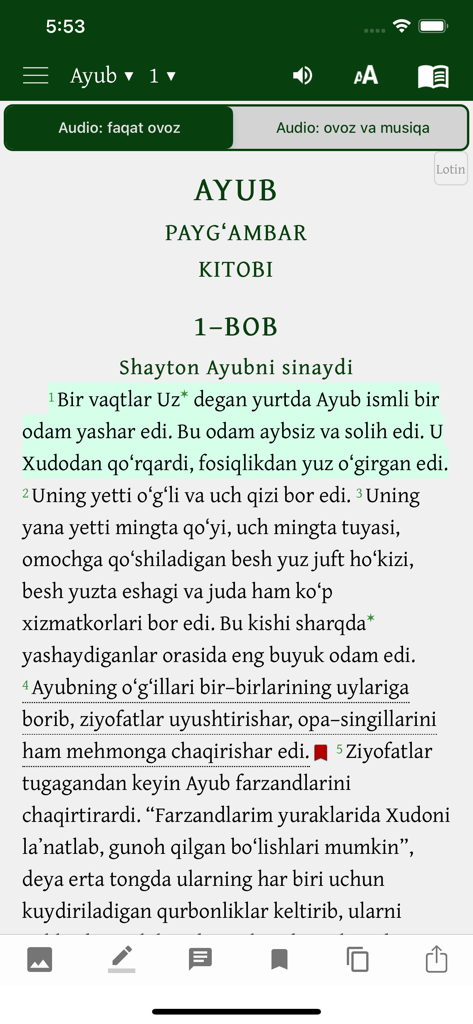 Uzbek Bible text interface in the Muqaddas Kitob mobile app