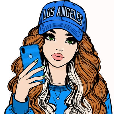 realistic beautiful girl wearing los ángeles cap holding an iphone