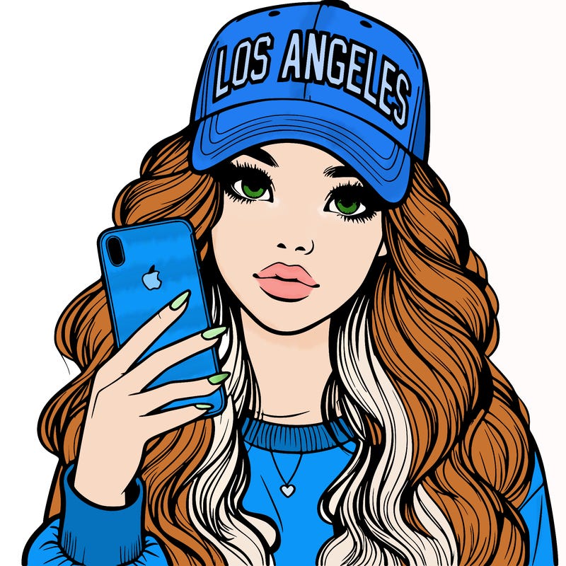 realistic beautiful girl wearing los ángeles cap holding an iphone