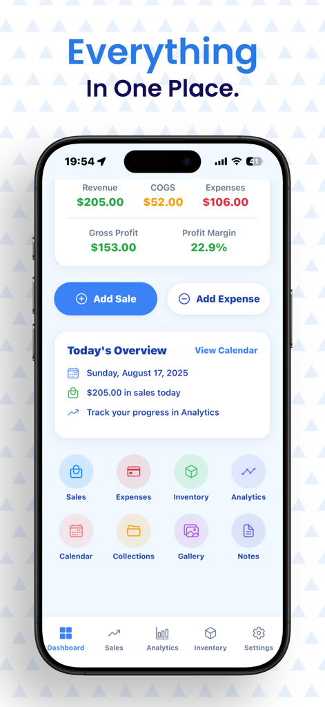 Trackly : Business Tracker - Trackly app dashboard displaying revenue expenses and profit margin overview for solopreneurs