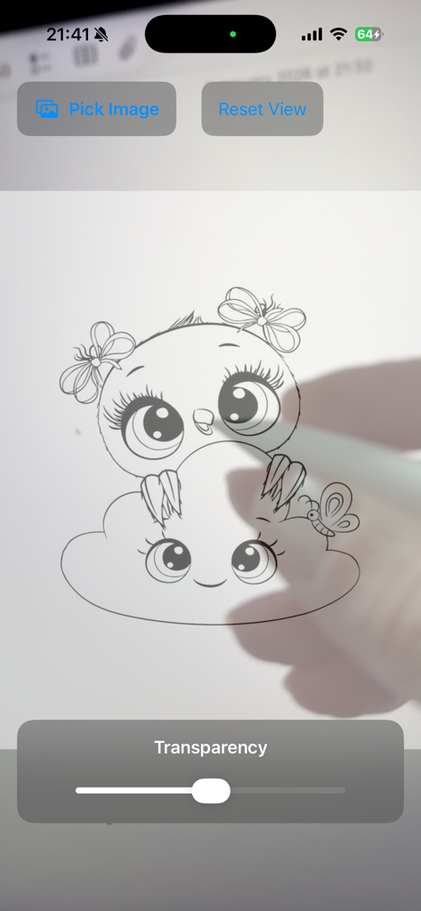 Transparent Drawing - A cartoon owl being traced onto paper using the Transparent Drawing app interface with a transparency slider