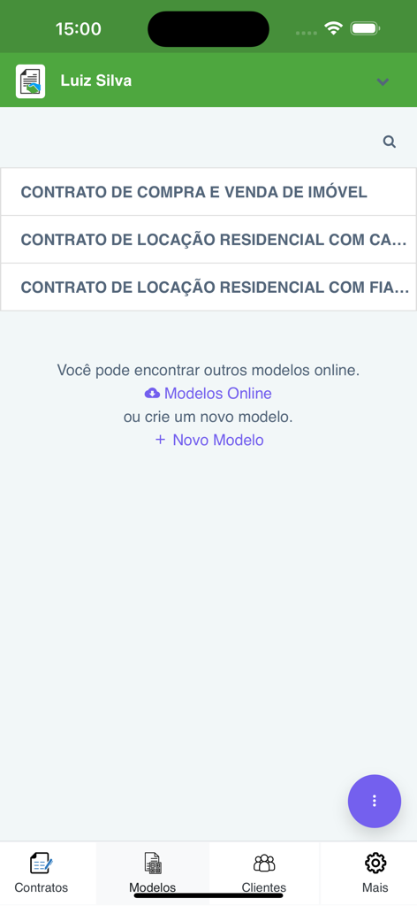 Uma lista de modelos de contrato em português no aplicativo Gerador Contratos para vendas de imóveis e locações residenciais.
