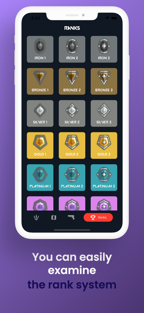 Handbook for Valorant - Screenshot of the Handbook for Valorant app displaying the game rank system from Iron to Platinum