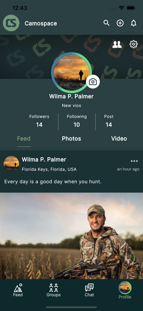 CamoSpace - A screenshot of the CamoSpace mobile app showing a user profile page with a hunting post and navigation menu.