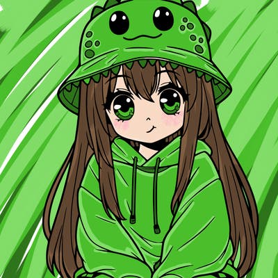girl with anime shaped eyes with a dinosaur bucket hat oversized sweatshirt long straight hair