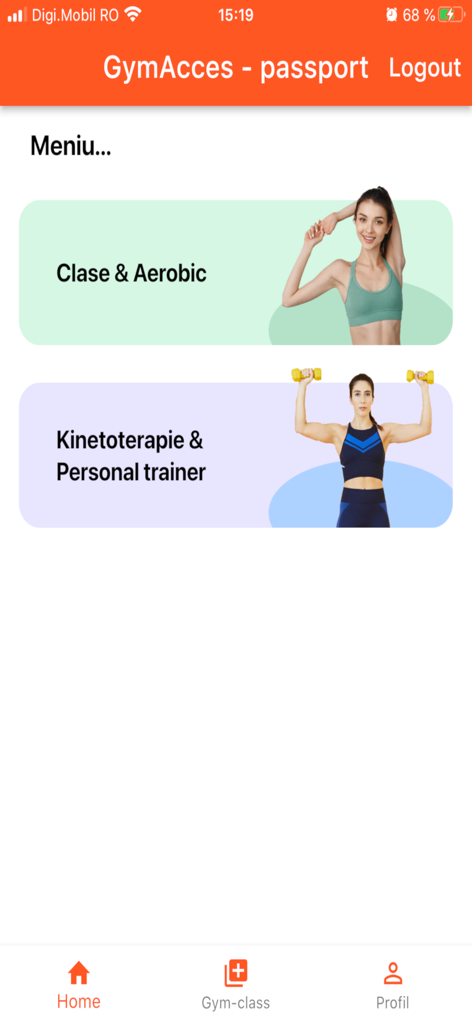 GymAcces Passport - Menu principale dell'app mobile GymAcces Passport che visualizza opzioni per corsi di aerobica e servizi di personal trainer.