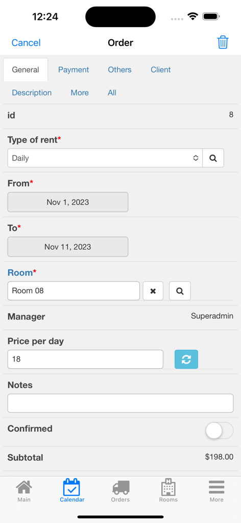 Nano Hotel Booking - Mobile interface of Nano Hotel Booking app displaying a detailed order form with rental dates room number and subtotal calculation