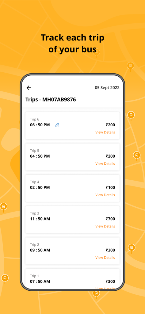 Chalo Bus Partner - A mobile app screen showing a list of daily bus trips with departure times and revenue collected for each trip