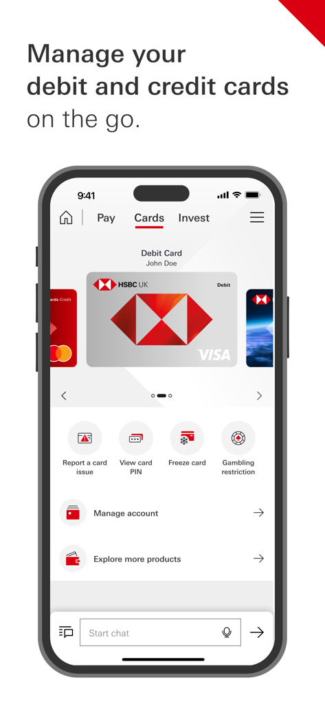 HSBC UK app interface for managing debit and credit cards with options to freeze card or view PIN.