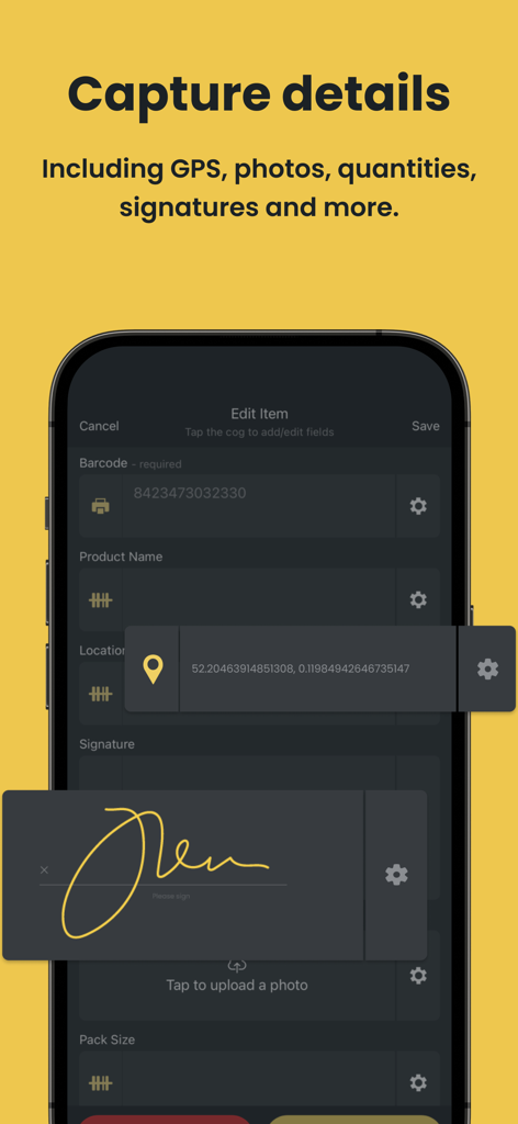 Barcode Scanner - Orca Scan - Screenshot of Orca Scan app showing data capture fields for GPS and digital signatures