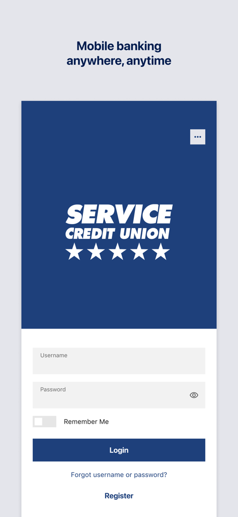Service CU Mobile Banking - Anmeldebildschirm für die mobile Banking-App der Service Credit Union