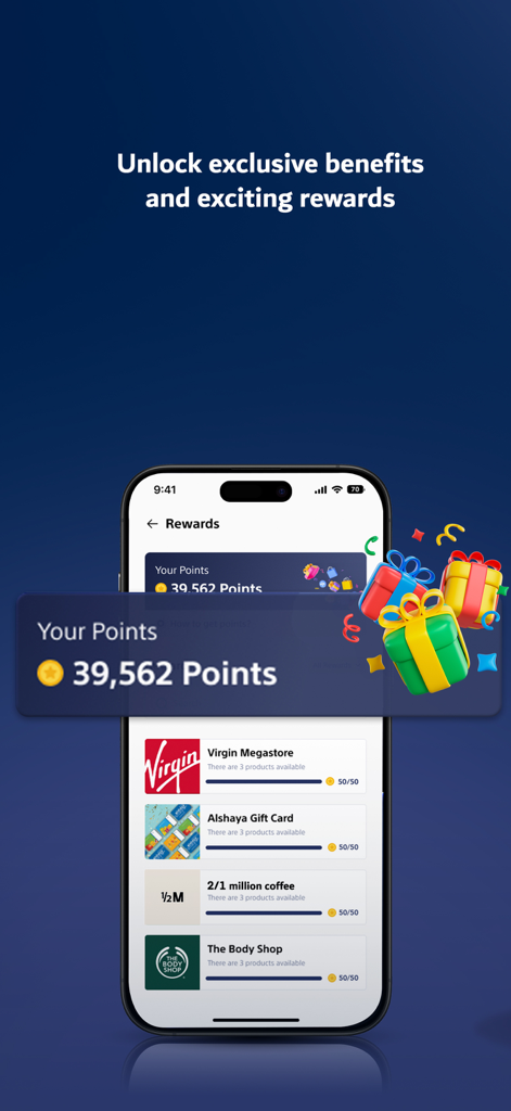 Tamra Capital: Save & Invest - Section des récompenses de l'application Tamra Capital montrant les points gagnés et les cartes-cadeaux partenaires disponibles