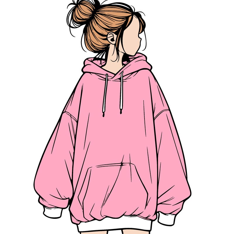 realistic girl with a oversized sweatshirt on and a bun