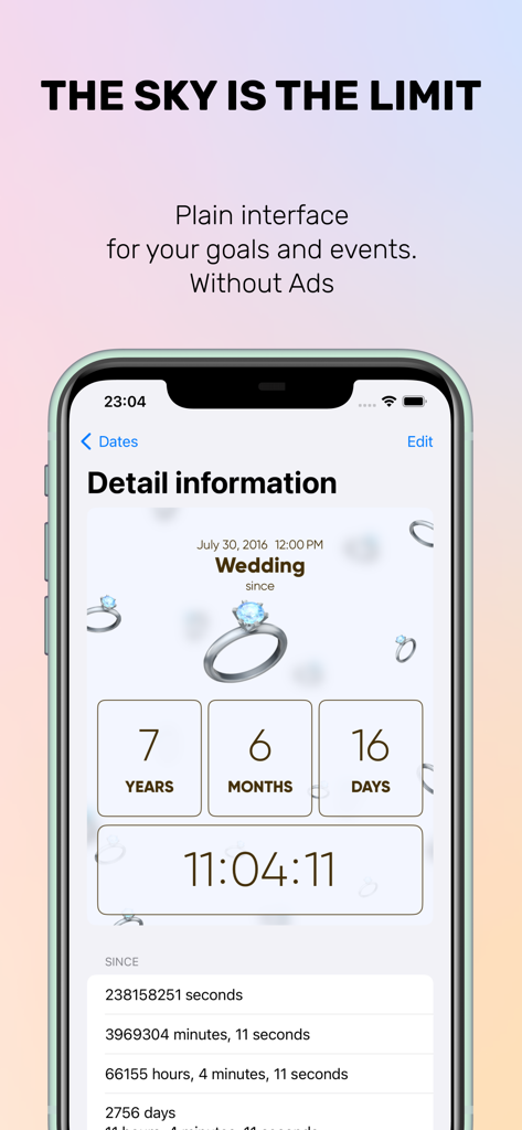 Countdown. Time to event. - Detail screen of a countdown app showing time elapsed since a wedding in years months and days