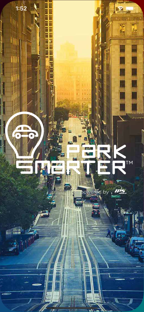Logo dell'app Park Smarter con icona dell'auto su uno sfondo di strada cittadina