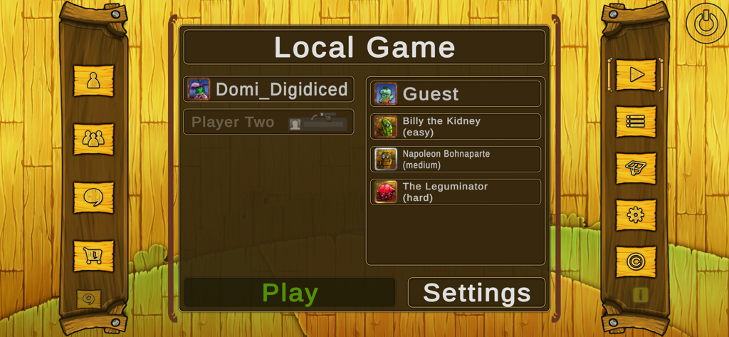 Bohnanza The Duel - Local game setup screen in Bohnanza The Duel showing player selection and AI difficulty levels