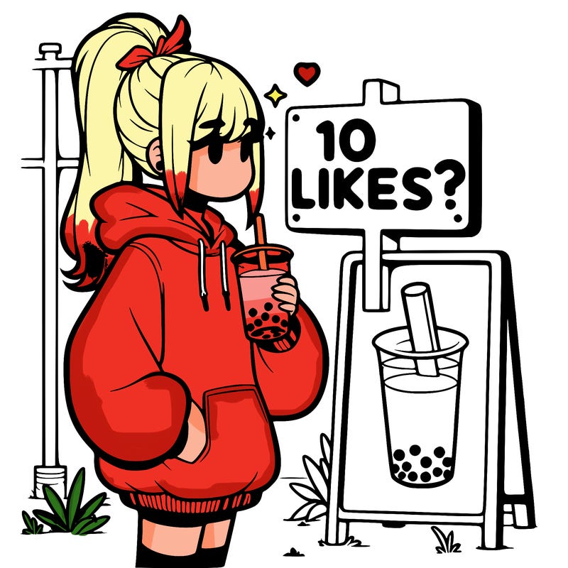 girl with oversized hoodie drinking boba and she has a high ponytail with a sign that says 10likes?