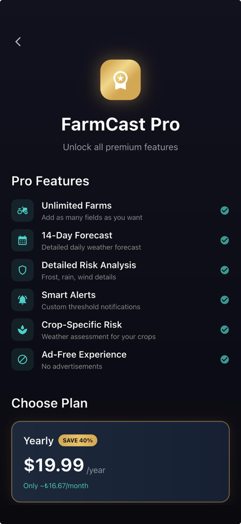 FarmCast - Farm Weather - FarmCast Pro subscription screen showing premium weather features for farmers including 14 day forecasts and risk analysis