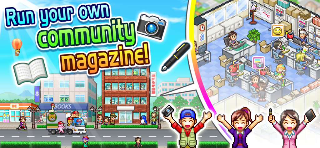 Pixel art gameplay showing an editorial office and city street with the text Run your own community magazine