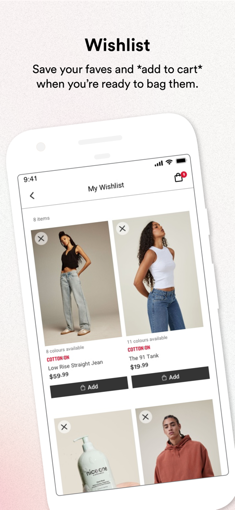 Cotton On - Cotton On app wishlist feature showing saved fashion items with add to cart buttons