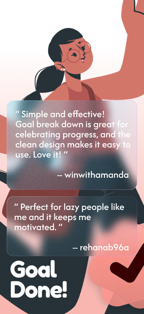 User testimonials for Aim Goal Tracker app featuring positive feedback on clean design and motivation.