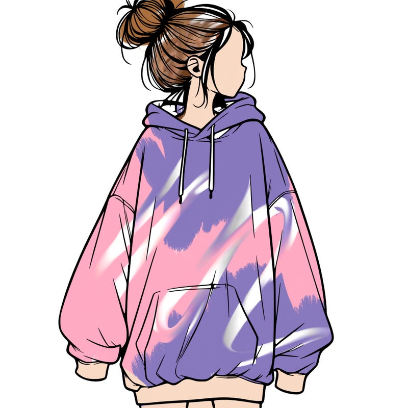realistic girl with a oversized sweatshirt on and a bun