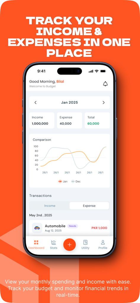 KYE: Know Your Expenses - KYE expense tracker app dashboard showing income and expense summary with a comparison chart on an iPhone.
