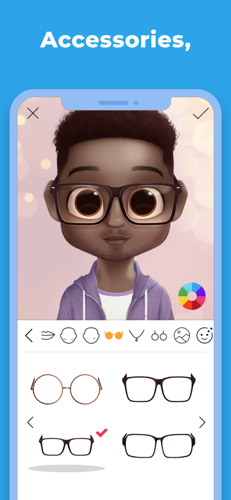 Dollify - Interface of Dollify app showing a male avatar being customized with black glasses