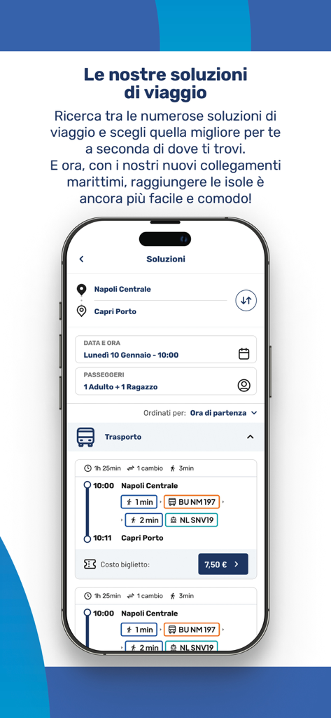 UNICO Campania app - Oberfläche der UNICO Campania App, die Routenoptionen und Preise von Neapel nach Capri anzeigt.